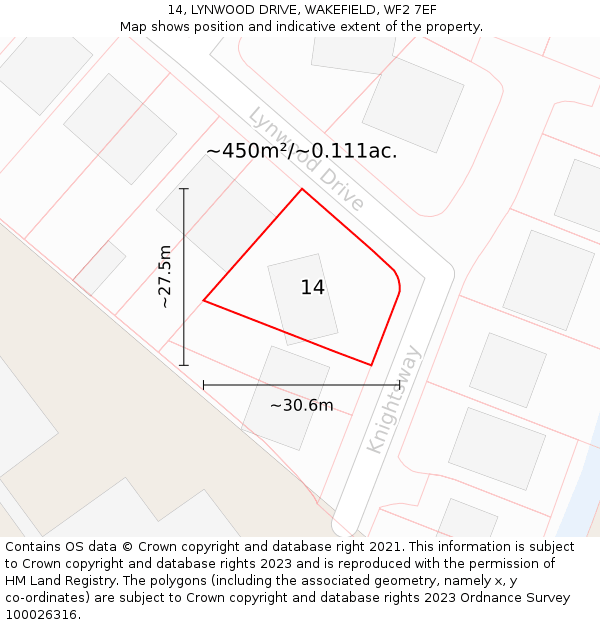14, LYNWOOD DRIVE, WAKEFIELD, WF2 7EF: Plot and title map