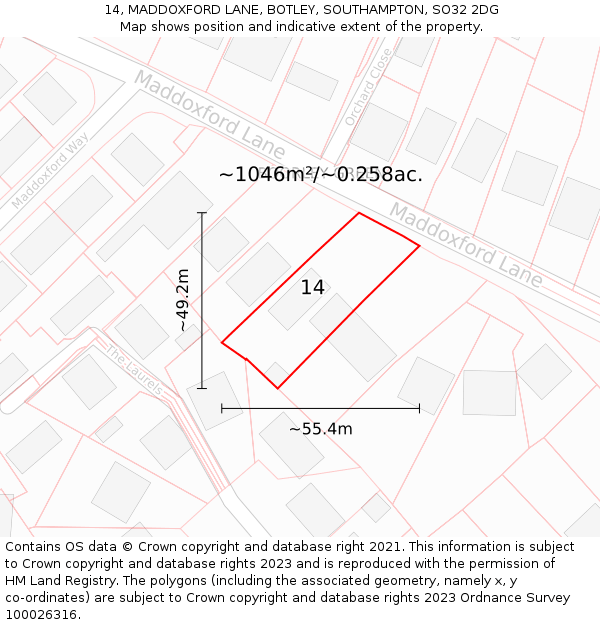 14, MADDOXFORD LANE, BOTLEY, SOUTHAMPTON, SO32 2DG: Plot and title map