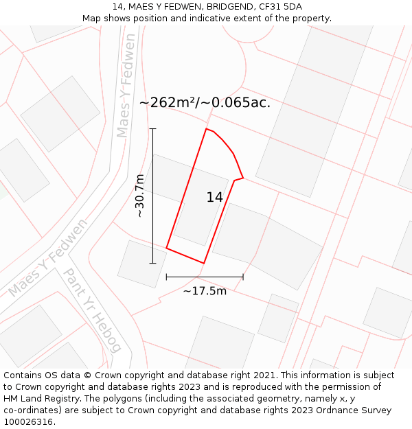 14, MAES Y FEDWEN, BRIDGEND, CF31 5DA: Plot and title map