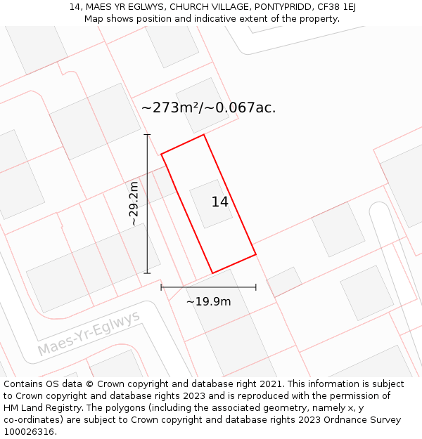 14, MAES YR EGLWYS, CHURCH VILLAGE, PONTYPRIDD, CF38 1EJ: Plot and title map