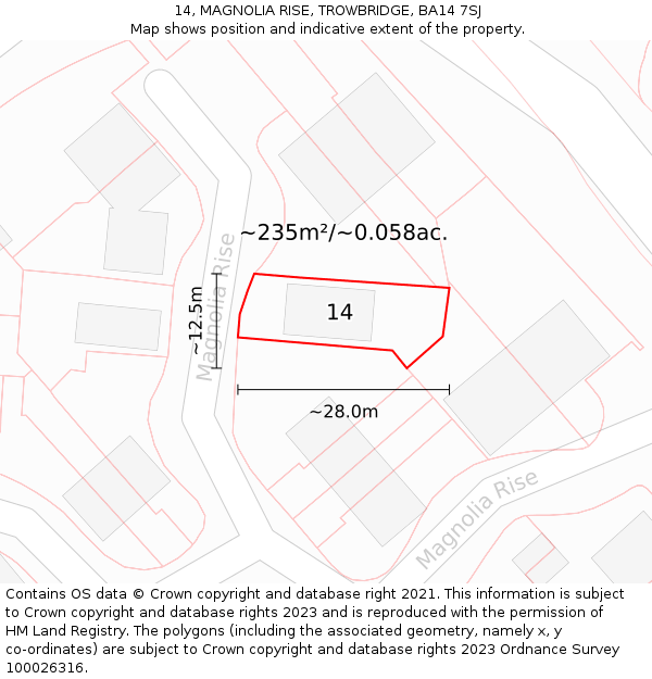 14, MAGNOLIA RISE, TROWBRIDGE, BA14 7SJ: Plot and title map