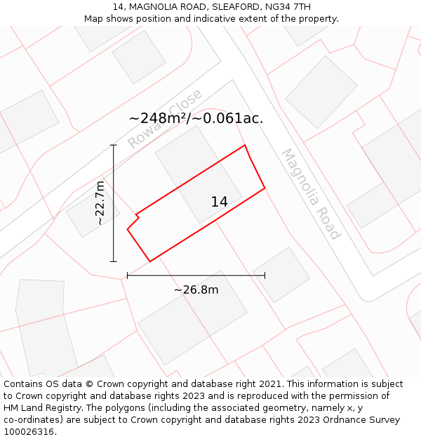 14, MAGNOLIA ROAD, SLEAFORD, NG34 7TH: Plot and title map