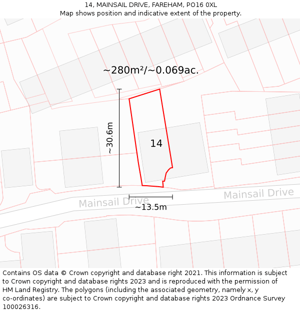 14, MAINSAIL DRIVE, FAREHAM, PO16 0XL: Plot and title map