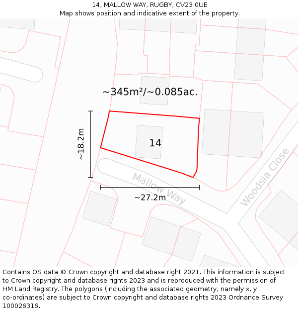 14, MALLOW WAY, RUGBY, CV23 0UE: Plot and title map