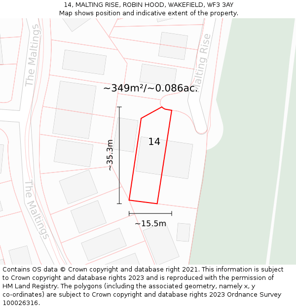 14, MALTING RISE, ROBIN HOOD, WAKEFIELD, WF3 3AY: Plot and title map