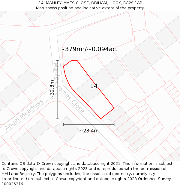 14, MANLEY JAMES CLOSE, ODIHAM, HOOK, RG29 1AP: Plot and title map