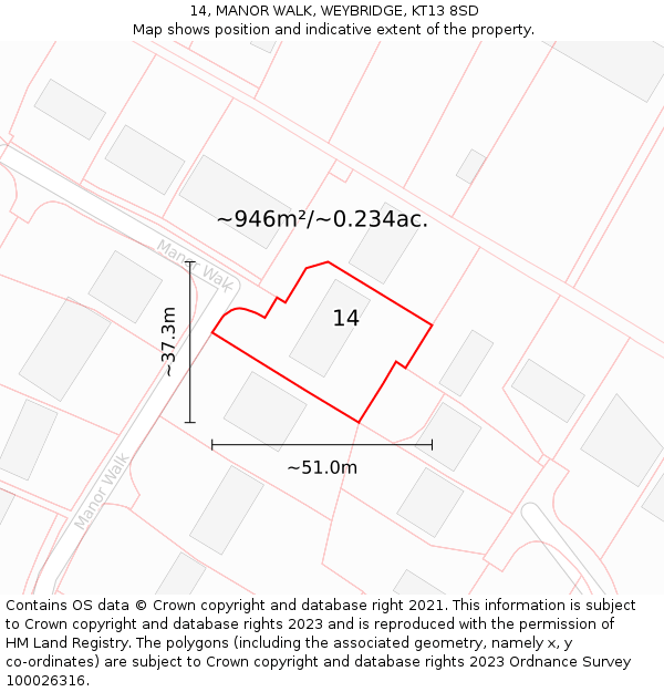 14, MANOR WALK, WEYBRIDGE, KT13 8SD: Plot and title map