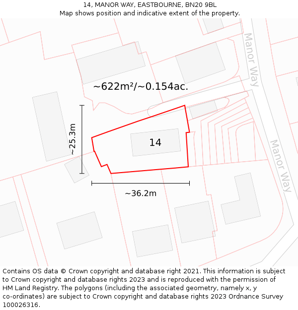 14, MANOR WAY, EASTBOURNE, BN20 9BL: Plot and title map