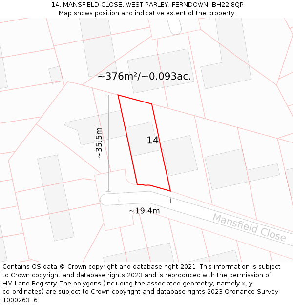 14, MANSFIELD CLOSE, WEST PARLEY, FERNDOWN, BH22 8QP: Plot and title map