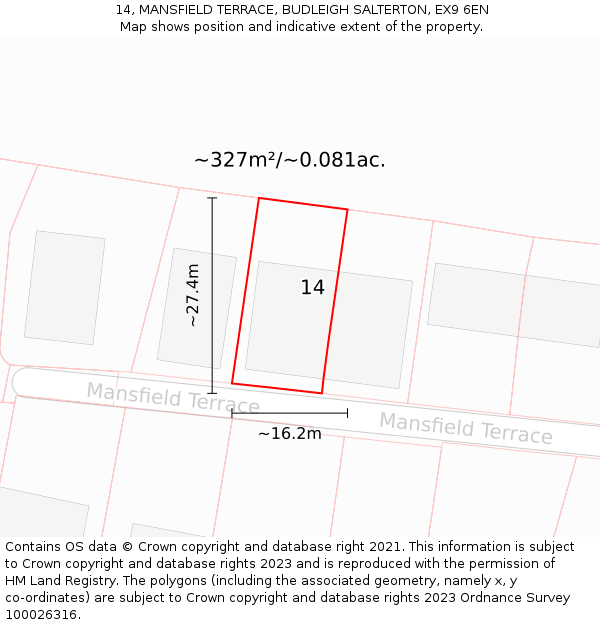 14, MANSFIELD TERRACE, BUDLEIGH SALTERTON, EX9 6EN: Plot and title map