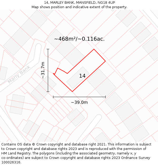 14, MARLEY BANK, MANSFIELD, NG18 4UP: Plot and title map