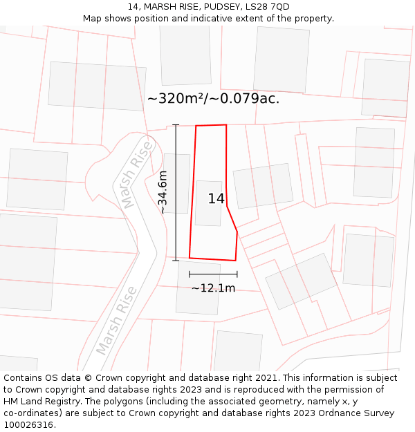 14, MARSH RISE, PUDSEY, LS28 7QD: Plot and title map