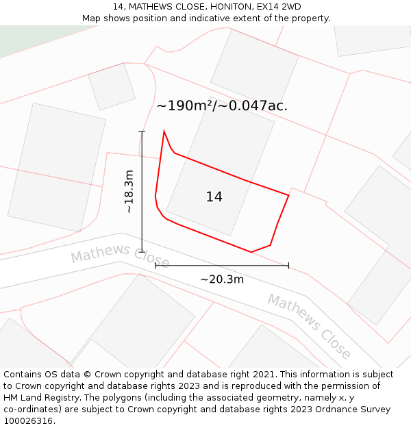 14, MATHEWS CLOSE, HONITON, EX14 2WD: Plot and title map