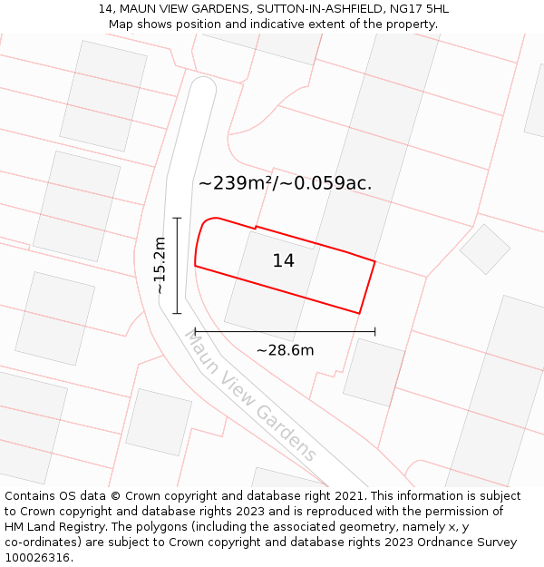 14, MAUN VIEW GARDENS, SUTTON-IN-ASHFIELD, NG17 5HL: Plot and title map