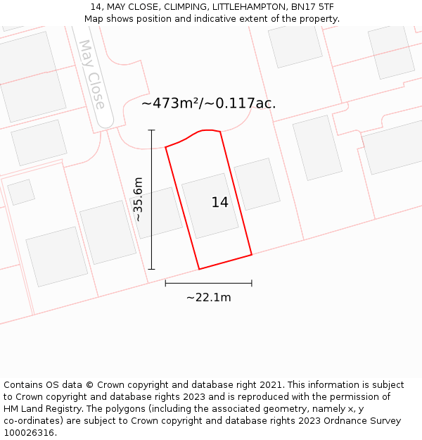 14, MAY CLOSE, CLIMPING, LITTLEHAMPTON, BN17 5TF: Plot and title map