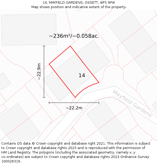 14, MAYFIELD GARDENS, OSSETT, WF5 9PW: Plot and title map