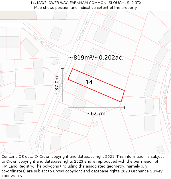 14, MAYFLOWER WAY, FARNHAM COMMON, SLOUGH, SL2 3TX: Plot and title map