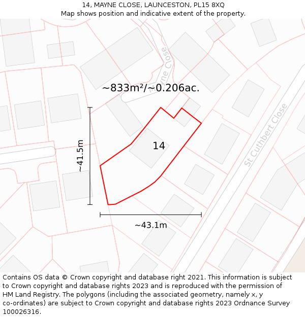 14, MAYNE CLOSE, LAUNCESTON, PL15 8XQ: Plot and title map