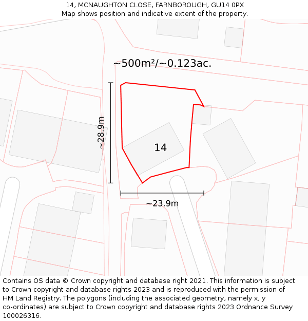 14, MCNAUGHTON CLOSE, FARNBOROUGH, GU14 0PX: Plot and title map