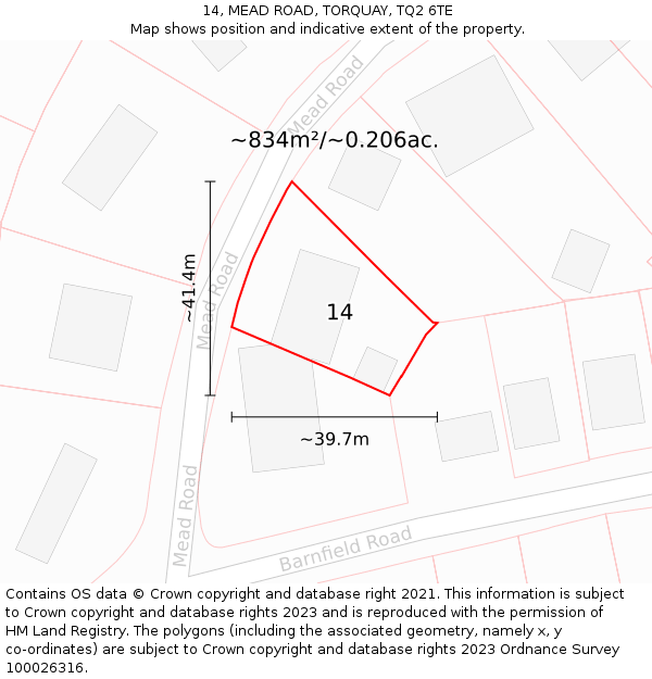 14, MEAD ROAD, TORQUAY, TQ2 6TE: Plot and title map