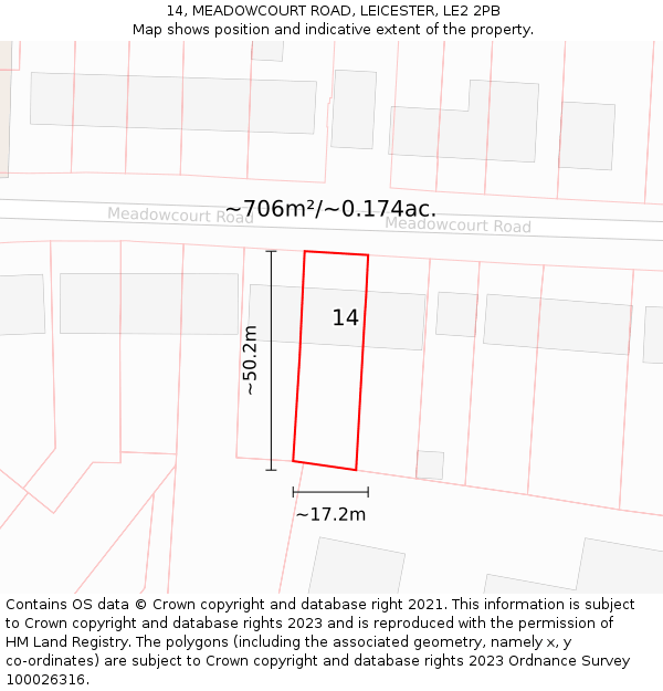 14, MEADOWCOURT ROAD, LEICESTER, LE2 2PB: Plot and title map