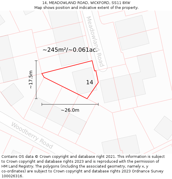 14, MEADOWLAND ROAD, WICKFORD, SS11 8XW: Plot and title map
