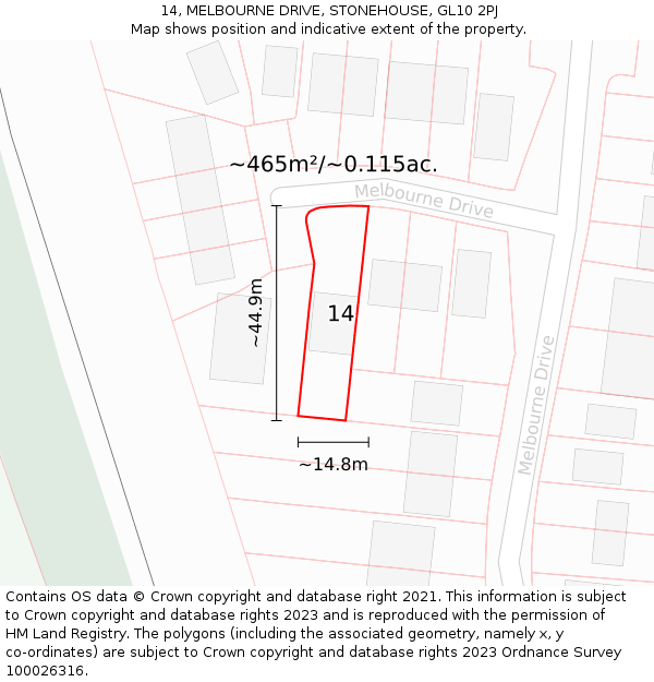 14, MELBOURNE DRIVE, STONEHOUSE, GL10 2PJ: Plot and title map