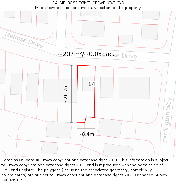 14, MELROSE DRIVE, CREWE, CW1 3YD: Plot and title map