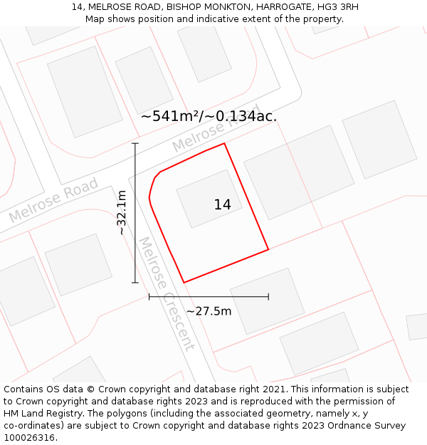 14, MELROSE ROAD, BISHOP MONKTON, HARROGATE, HG3 3RH: Plot and title map