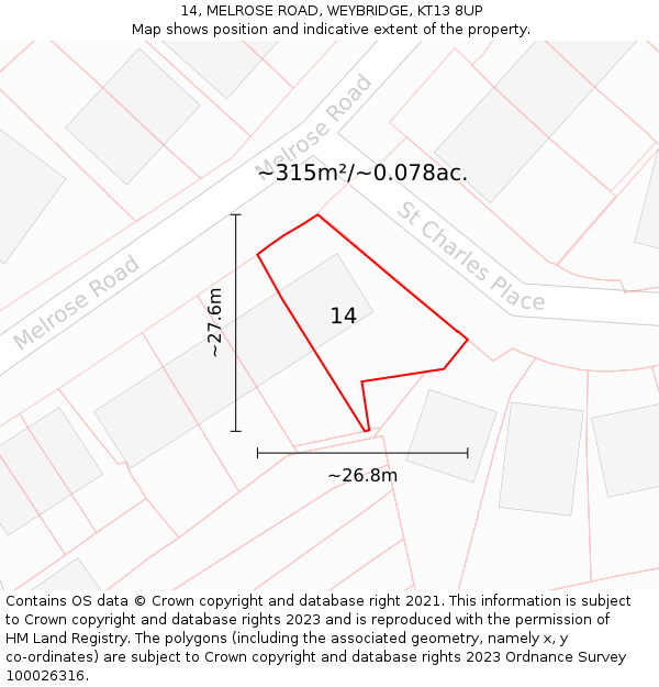 14, MELROSE ROAD, WEYBRIDGE, KT13 8UP: Plot and title map
