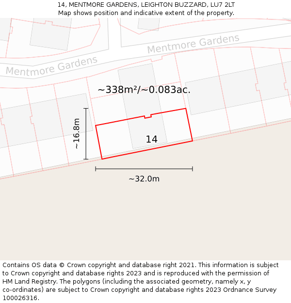 14, MENTMORE GARDENS, LEIGHTON BUZZARD, LU7 2LT: Plot and title map