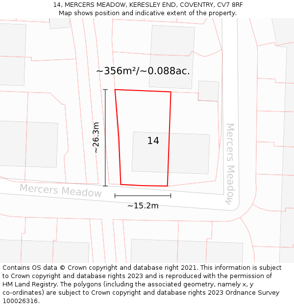 14, MERCERS MEADOW, KERESLEY END, COVENTRY, CV7 8RF: Plot and title map