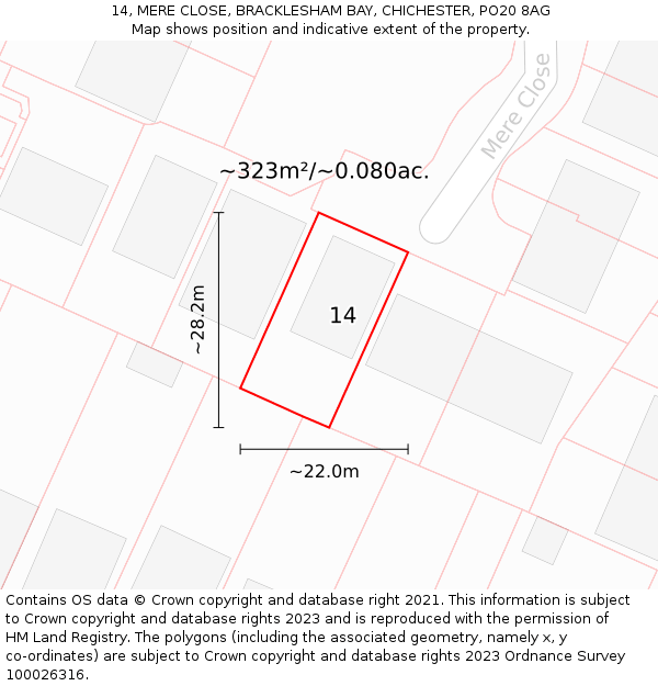 14, MERE CLOSE, BRACKLESHAM BAY, CHICHESTER, PO20 8AG: Plot and title map