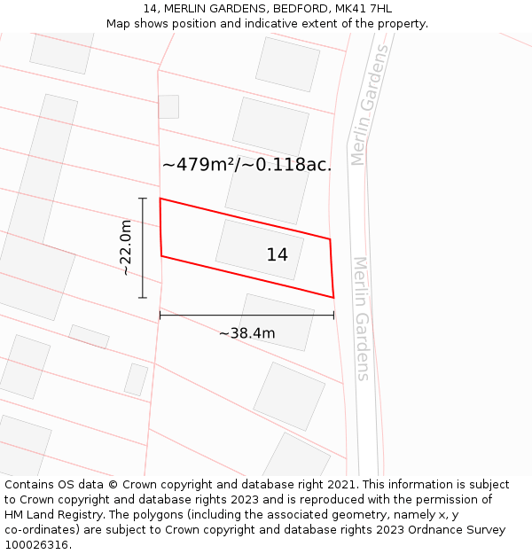 14, MERLIN GARDENS, BEDFORD, MK41 7HL: Plot and title map