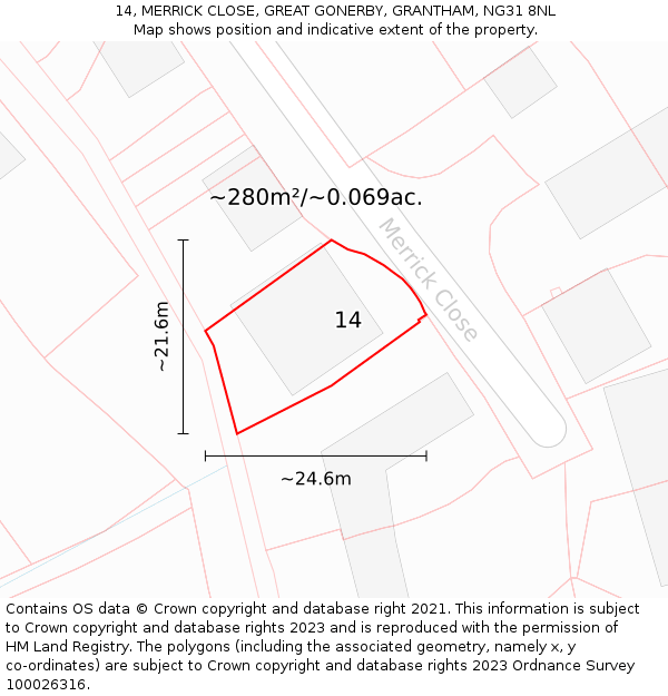 14, MERRICK CLOSE, GREAT GONERBY, GRANTHAM, NG31 8NL: Plot and title map