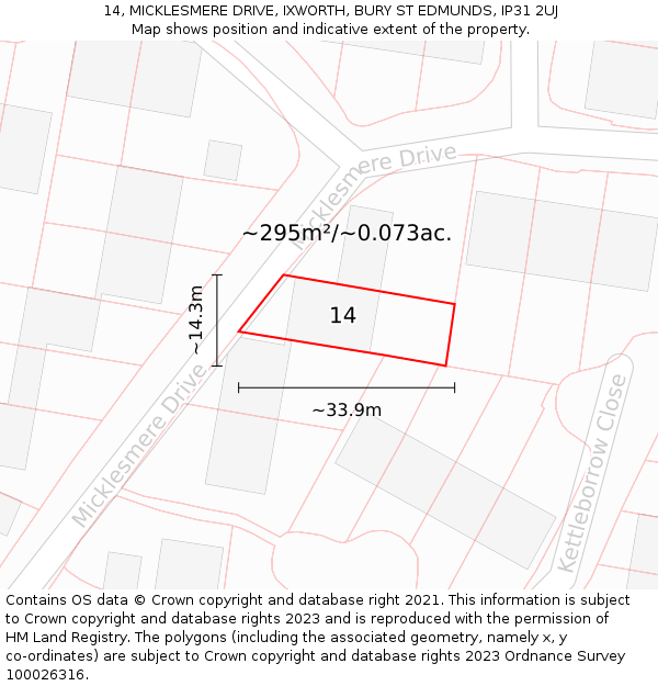 14, MICKLESMERE DRIVE, IXWORTH, BURY ST EDMUNDS, IP31 2UJ: Plot and title map