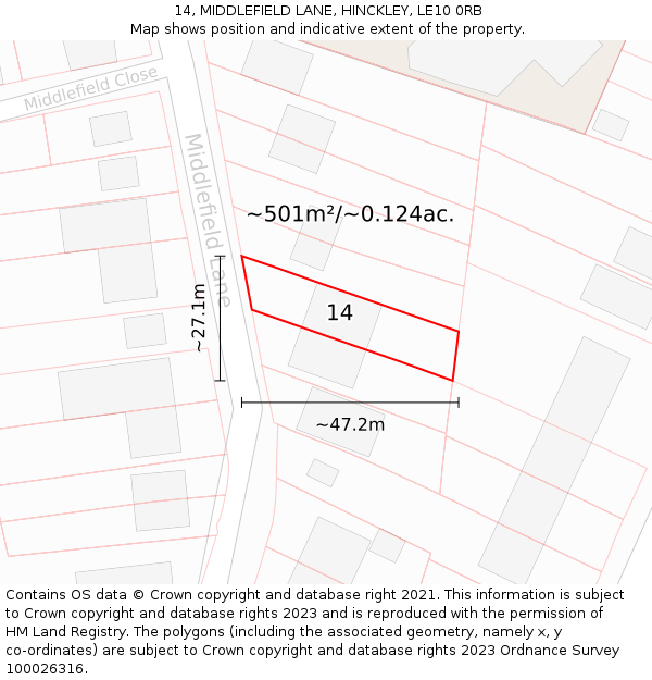 14, MIDDLEFIELD LANE, HINCKLEY, LE10 0RB: Plot and title map