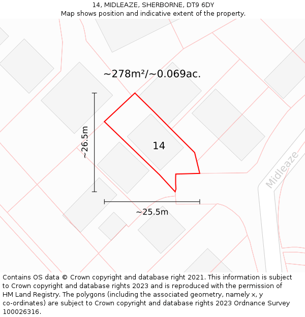 14, MIDLEAZE, SHERBORNE, DT9 6DY: Plot and title map