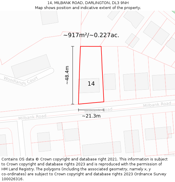 14, MILBANK ROAD, DARLINGTON, DL3 9NH: Plot and title map