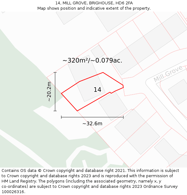 14, MILL GROVE, BRIGHOUSE, HD6 2FA: Plot and title map