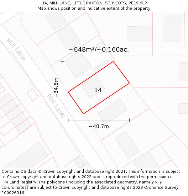 14, MILL LANE, LITTLE PAXTON, ST. NEOTS, PE19 6LP: Plot and title map