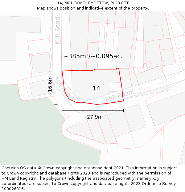 14, MILL ROAD, PADSTOW, PL28 8BT: Plot and title map