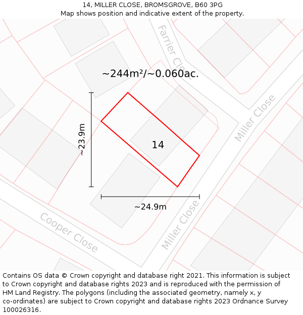 14, MILLER CLOSE, BROMSGROVE, B60 3PG: Plot and title map