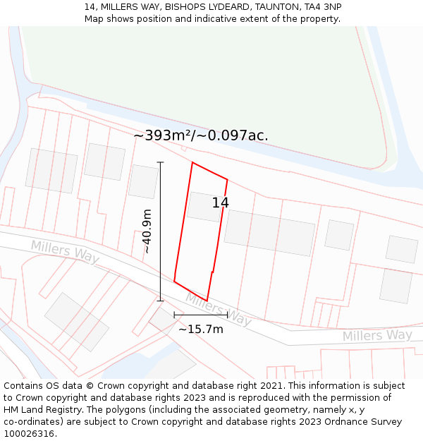 14, MILLERS WAY, BISHOPS LYDEARD, TAUNTON, TA4 3NP: Plot and title map