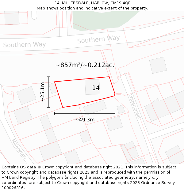 14, MILLERSDALE, HARLOW, CM19 4QP: Plot and title map