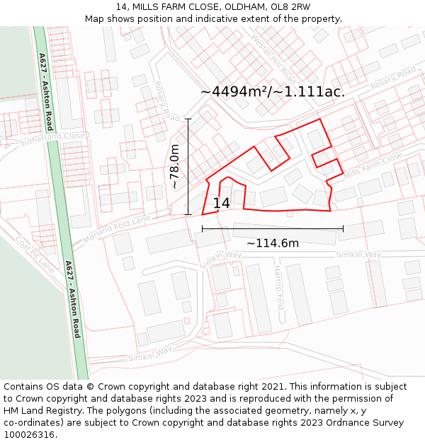 14, MILLS FARM CLOSE, OLDHAM, OL8 2RW: Plot and title map