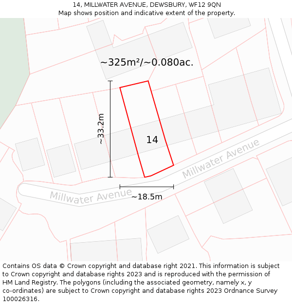 14, MILLWATER AVENUE, DEWSBURY, WF12 9QN: Plot and title map