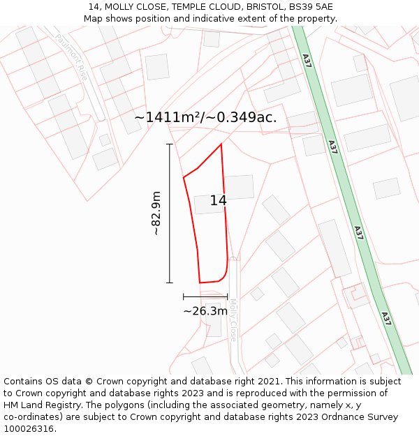 14, MOLLY CLOSE, TEMPLE CLOUD, BRISTOL, BS39 5AE: Plot and title map