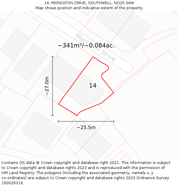 14, MONCKTON DRIVE, SOUTHWELL, NG25 0AW: Plot and title map