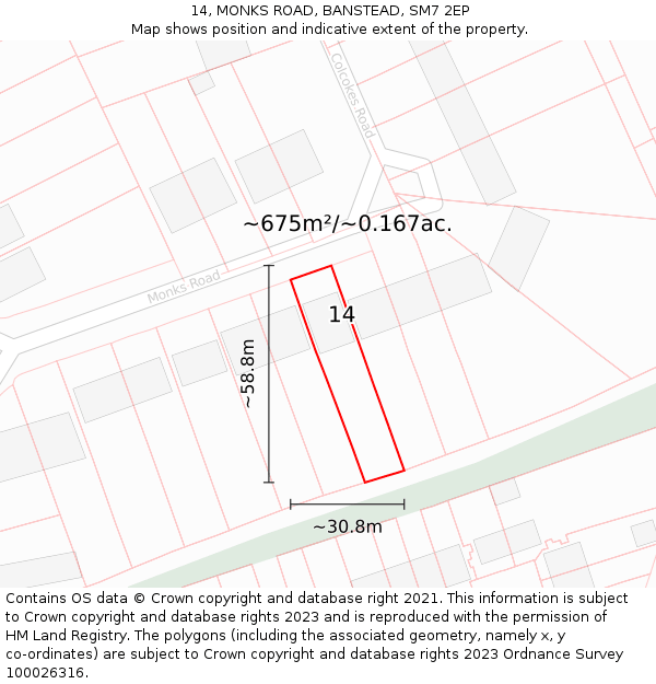 14, MONKS ROAD, BANSTEAD, SM7 2EP: Plot and title map